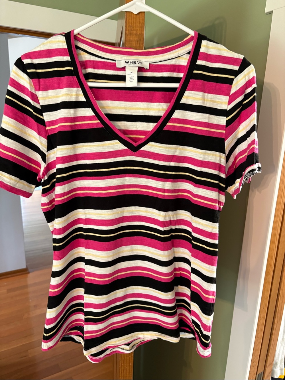 White House Black Market Pink Black White Striped V-Neck Tee with Yellow Accents